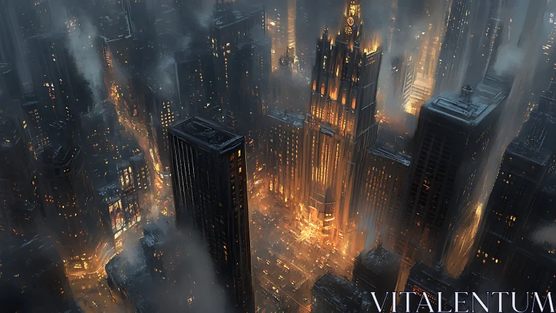 Noir megacity nightscape with luminous art deco spire