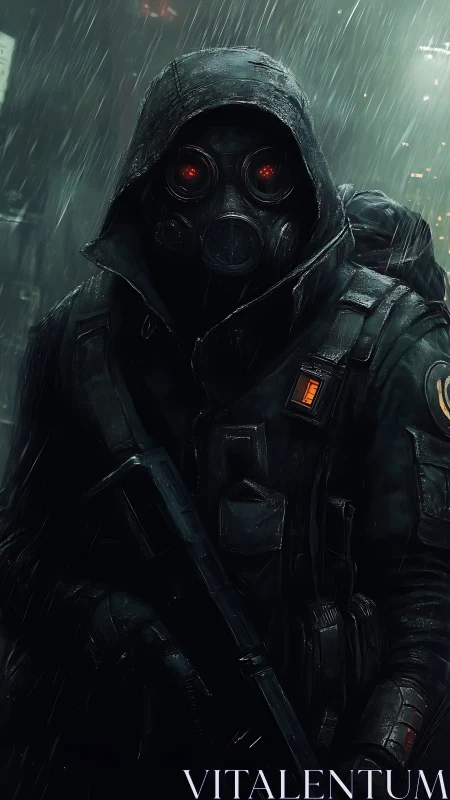 Rain-slicked wasteland sentinel in a glowing mask vigil.