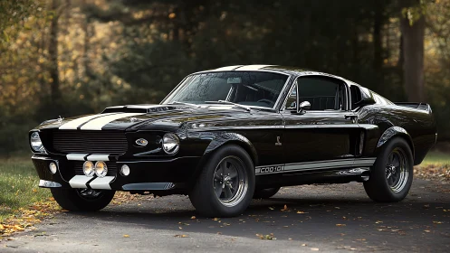 Shelby GT500 classic muscle car in forest driveway scene.
