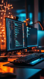 Dual coding monitors in orange teal low key studio lighting.