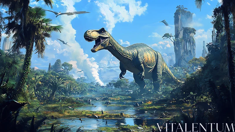 Majestic dinosaur strides through lush prehistoric valley.