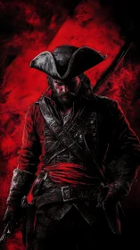 Dark pirate warrior in red and black dramatic portrait.