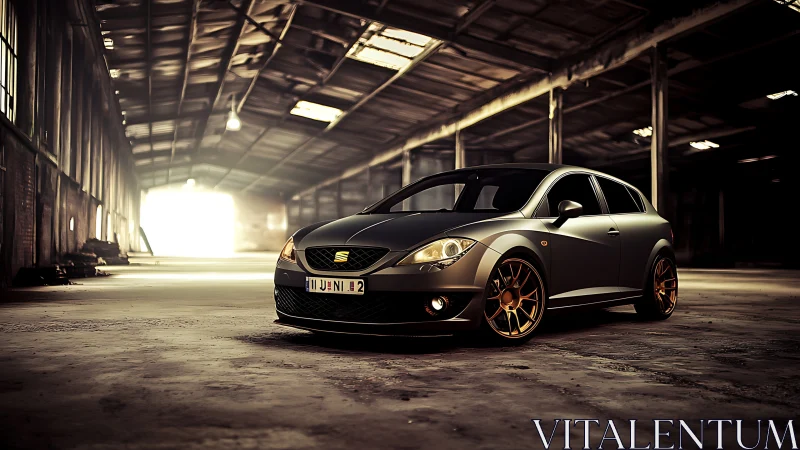 Matte grey hot hatch with bronze wheels in derelict warehouse