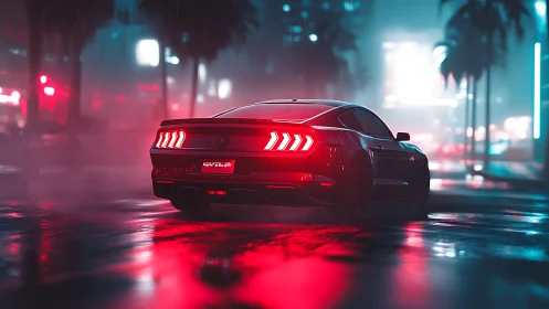 Neon red muscle car in cinematic rainy night streetscape.