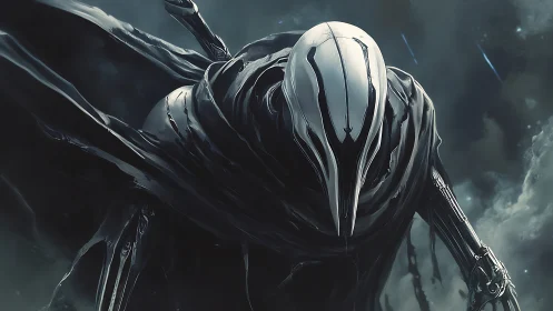 Armored figure with elongated helmet stands in dark environment