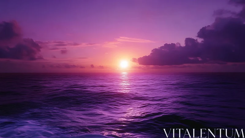 Violet sunset over calm open ocean horizon at dusk.