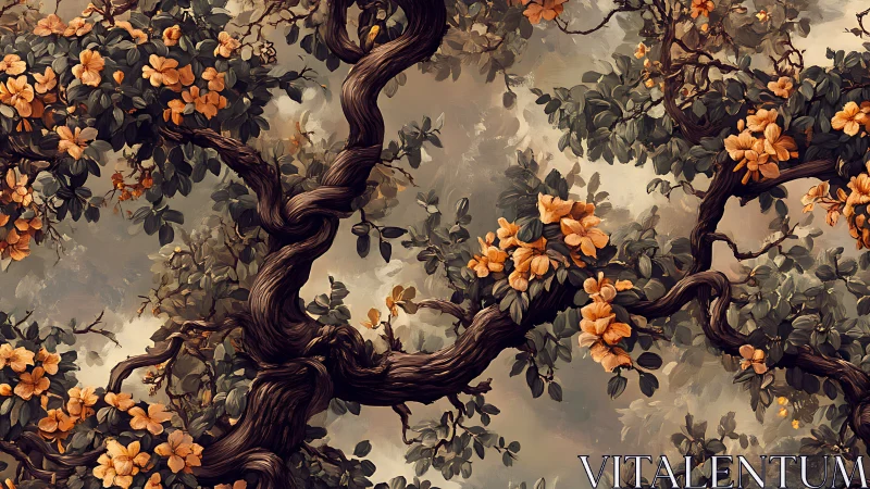 Twisted Tree Branches with Orange Flowers, Digital Art Style.