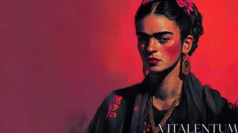 Bold woman portrait in red light with floral details.