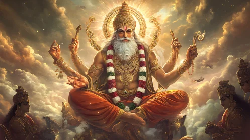 Hindu god with multiple arms seated on clouds in golden light.