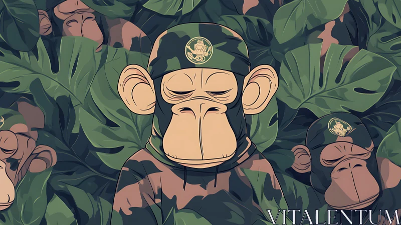 Camouflage monkey squad hidden within dense jungle foliage.