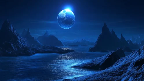 Lunar tideworld dreamscape under a sapphire alien moon.