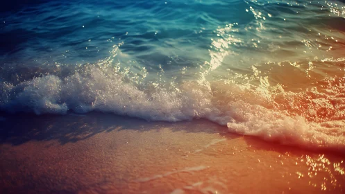 Gentle shoreline waves glow in soft golden evening light