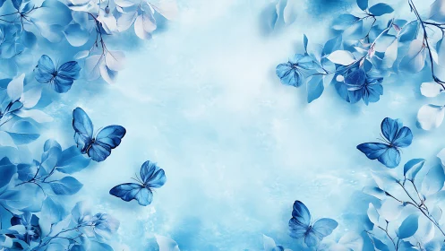 Blue butterflies drift among frosted leaves in soft light
