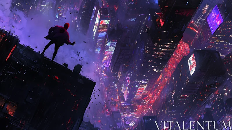 Solitary caped figure overlooking neon-dense cyberpunk megacity