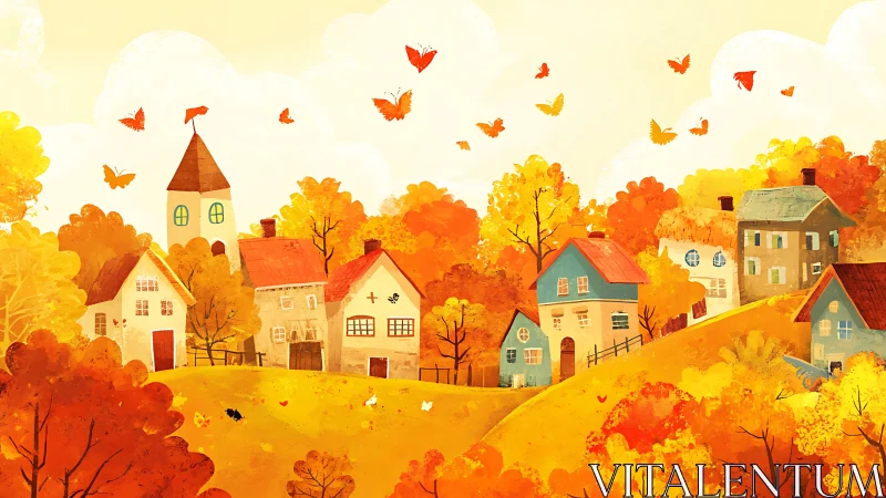 Sunlit village glows in a whimsical golden autumn valley