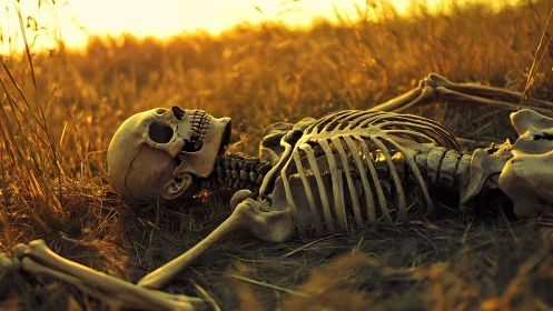 Ossified human skeleton under raking sunset field illumination.