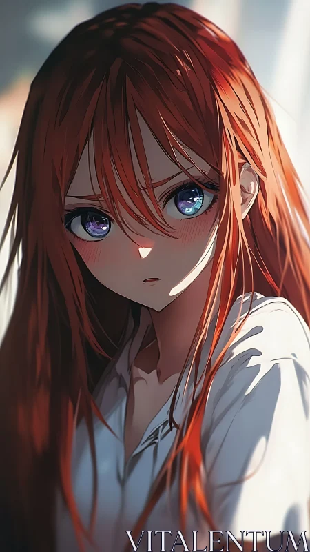 Red haired anime girl with violet eyes in soft daylight.