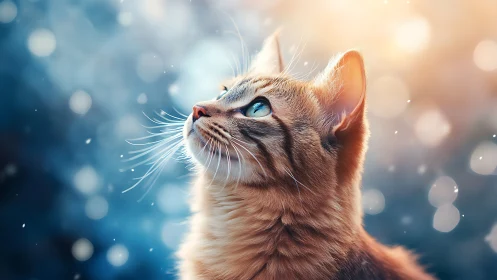 Tabby Cat Gazing Upward in Ethereal Sunlit Moment.