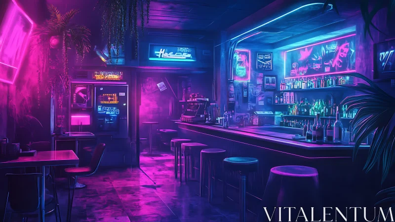 Neon-soaked cyberpunk bar interior with vibrant magenta lighting.