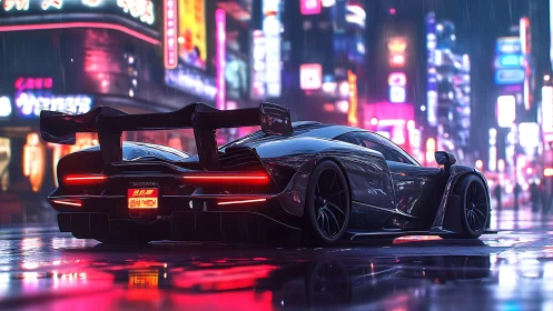 Sleek supercar glowing softly in a rainy neon city night.