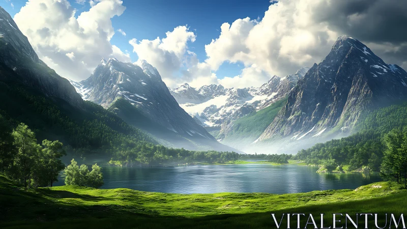 Mountain lake valley under dramatic clouds and sunlight.