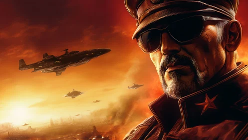 Stern military commander before burning sci fi sky.