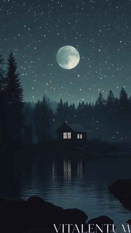 Moonlit forest cabin overlooks still reflective lake night