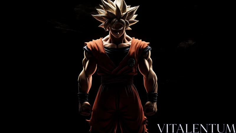 Muscular anime fighter stands in dramatic low key lighting