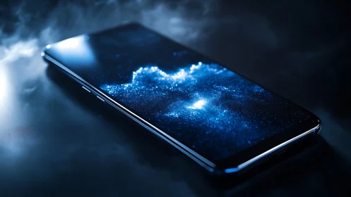 Edge lit smartphone with cosmic OLED display on dark vapour