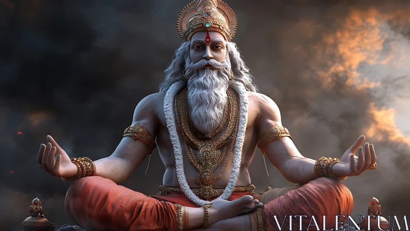 Meditating Hindu deity with ornate crown in dramatic clouds.