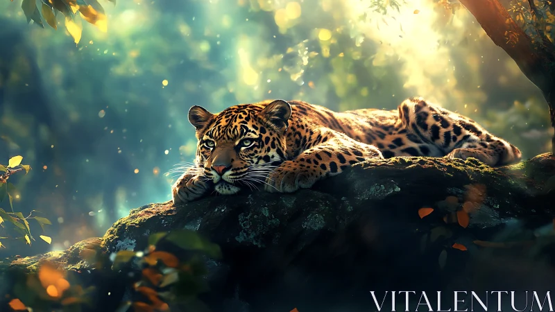 Leopard Resting on Branch in Golden Forest Light.