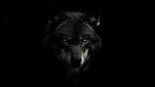 Lone wolf emerging from darkness in dramatic low key portrait.