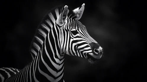 Zebra profile in high contrast black and white portrait.