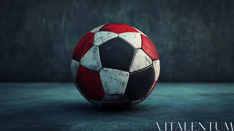 Weathered red and white soccer ball on dark floor surface.