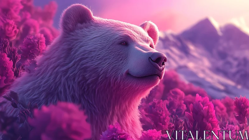 Iridescent bear portrait rendered in soft-focus neon flora field
