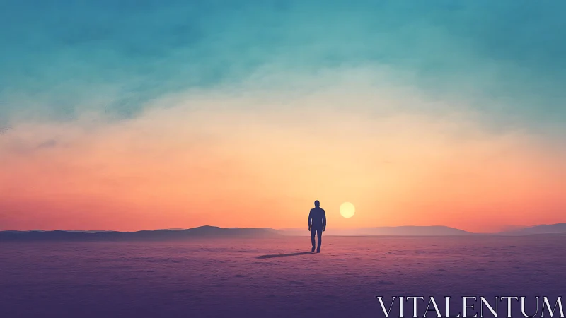 Solitary figure walks toward glowing pastel desert sunset