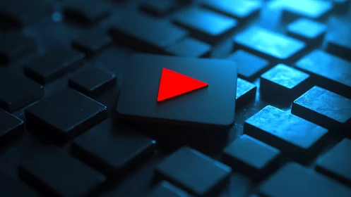 Red play icon on glowing geometric tiles in blue light.
