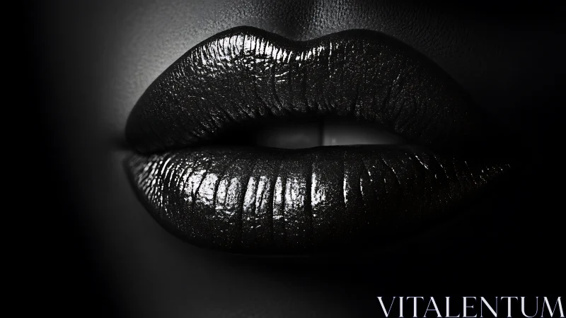 Glossy black lips shimmer in dramatic monochrome light