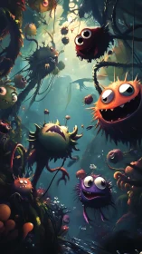 Giggling jungle puff-creatures drift through teal twilight.