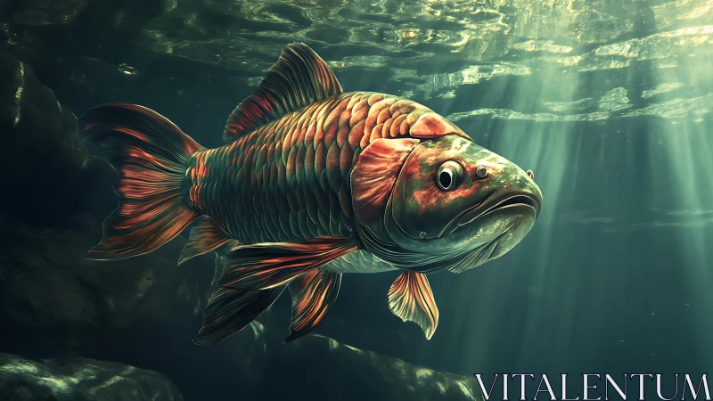 Underwater koi study with volumetric light and rich scales.