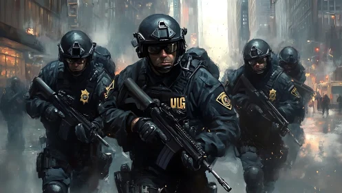 Urban tactical police squad advancing through misty city street