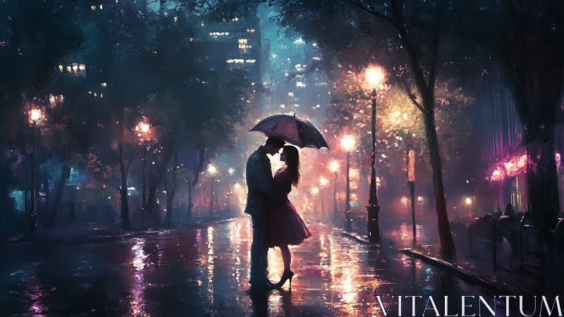 Couple embracing under umbrella in neon-lit rain.