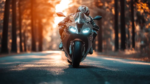 Sport motorcycle charges through sunlit forest road