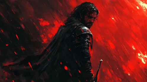 Armored swordsman in dark cloak against red abstract field.