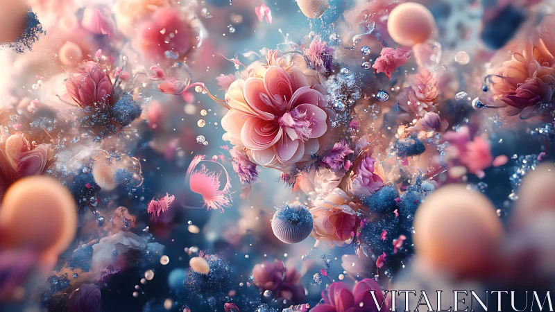 Lush pink floral spheres floating in dreamy abstract space.