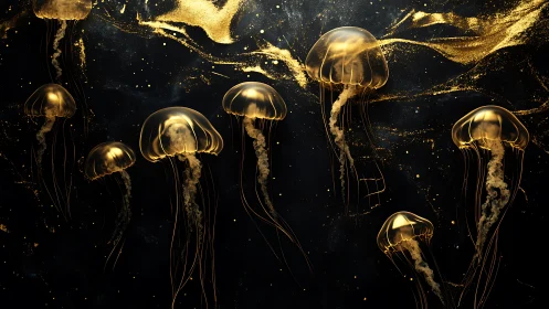Gilded jellyfish drifting through an inky cosmic tide.