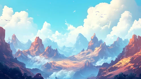 Sunlit fantasy mountains rise above drifting valley clouds