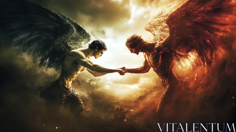 Celestial rivals lock arms in a storm of light and embers.