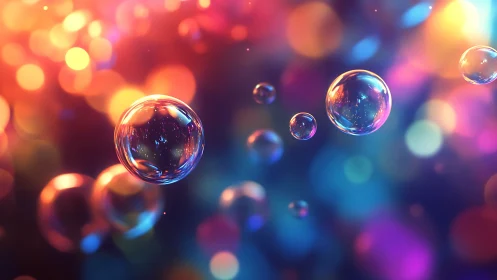 Iridescent soap bubbles drift before blurred neon bokeh lights