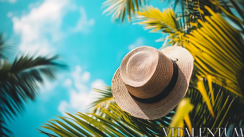 Straw sun hat drifts among palm leaves under bright sky